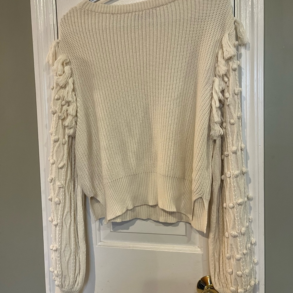Cleobella White Knit Ivory Pom Pom Fringe Sweater M b2 - Picture 6 of 8